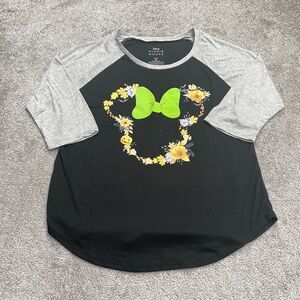 Disney Minnie Mouse Raglan T-Shirt Women XL Black Gray Round Neck Casual Graphic